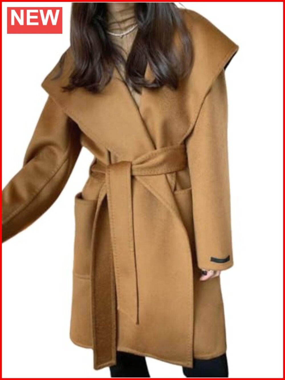 Women's Belted Wool Trench Coat with Hood, Winter Pea Coat